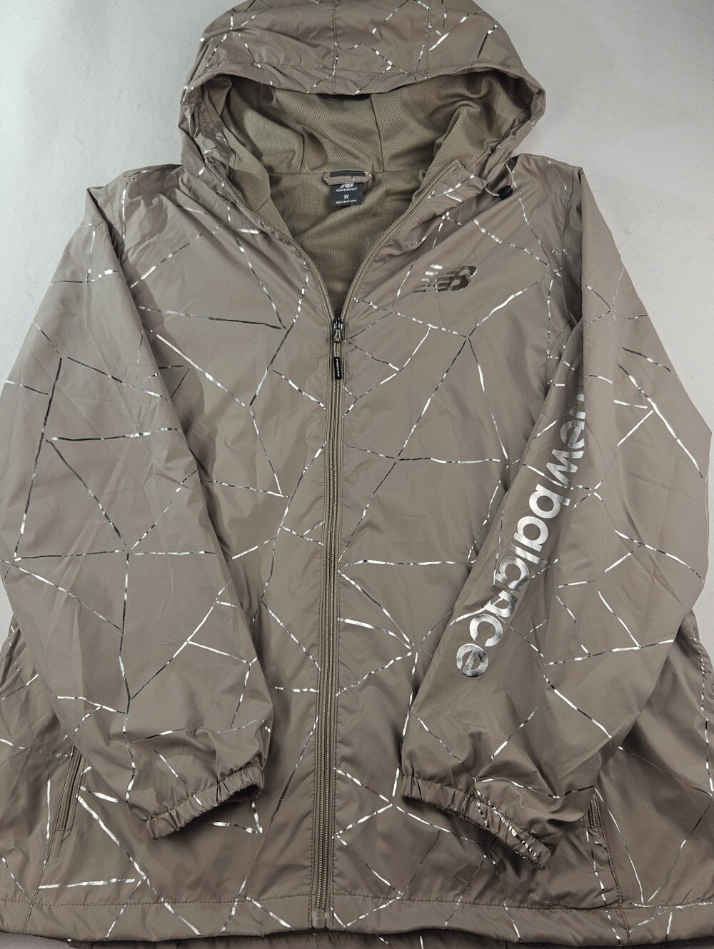 New Balance Women's Metallic Geometric Taupe Hooded Windbreaker Jacket Size 1X